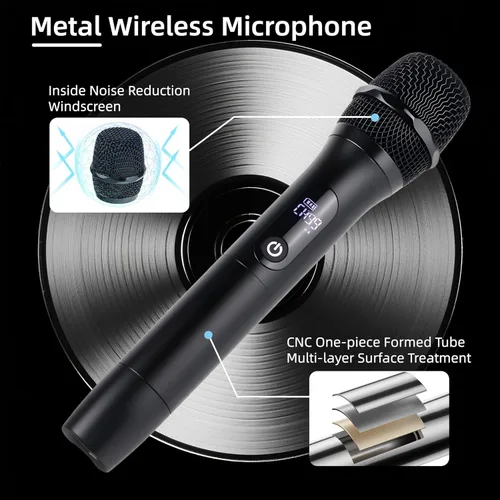 Miniatura 8 de Micrófonos inalámbricos para cantar karaoke, sistema de micrófono inalámbrico dual de metal de largo alcance de 500 pies/492.1 ft con 99 canales