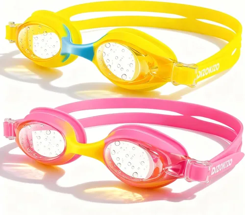 2 Pack Kids Swim Goggles for Toddlers 6-14(8-12), Anti-Fog UV Protection No Leak Swimming Glasses for Boys Girls Rosa y amarillo