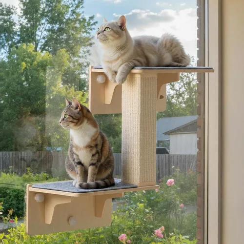 Pecute Estantes dobles para gatos con poste rascador para pared y ventana con madera maciza, ventosa fuerte, alfombrilla de cubierta lavable, cama