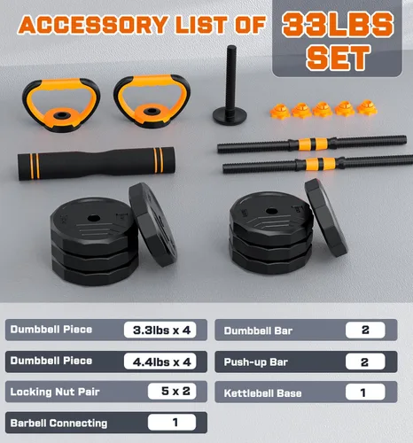 Miniatura 9 de 5-in-1 Adjustable Dumbbell Set, 33/44/66/88lbs Free Weights Set with Connector, Used as Kettlebells, Barbell, Push up Stand, Standard 1" Plates