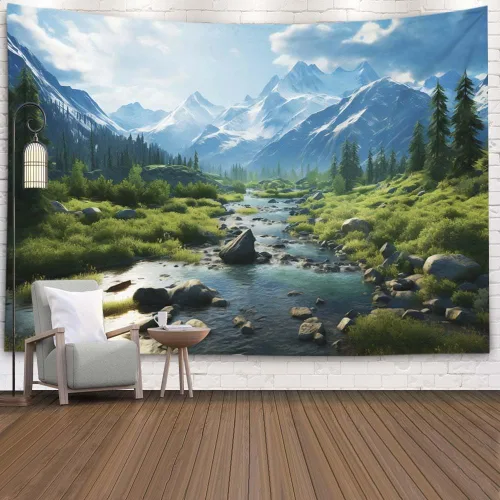 Miniatura 15 de EMMTEEY Tapiz de pared con bosque - Árbol de pino verde y niebla, arte de pared natural, 80x60 pulgadas, tapiz grande de estilo bohemio para sala