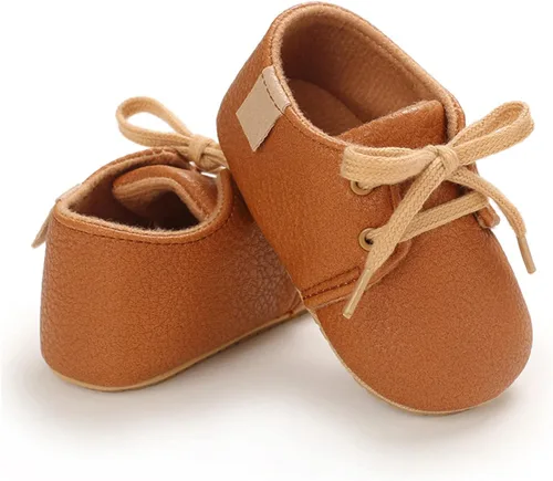 Miniatura 5 de Zapatos de piel sintética para bebés, niños y niñas, suela de goma suave, con cordones, zapatos Oxford para cuna para niños pequeños que caminan
