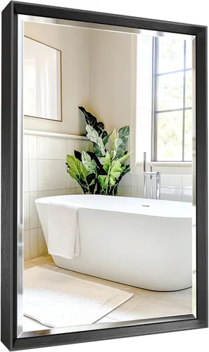 Espejo de baño negro, espejo de baño biselado de 16 x 24 pulgadas para pared, espejo con marco negro antioxidante para decoración de baño, sala de