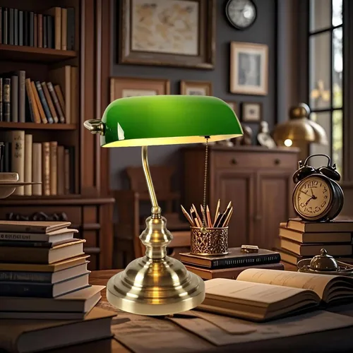 Miniatura 9 de Bankers - Lámpara de escritorio con interruptor de cadena, lámparas de escritorio con pantalla de vidrio verde, lámpara tradicional de biblioteca