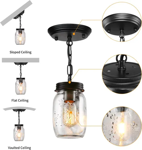 Miniatura 3 de Paquete de 2 Lámparas de Frasco Mason, Lámpara de Isla de Cocina de 1 Luz, Candelabro de Frasco de Vidrio, Lámpara Colgante de Estilo Granja