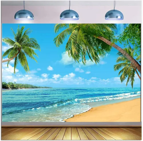 Miniatura 2 de Fondo tropical de verano para fotografía de palmera o playa de Hawaii, 7 x 5 pies, cielo marino azul, sol, Luau, fiesta, fondo de foto, boda, novia