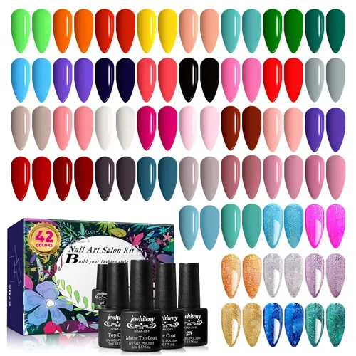 Miniatura 11 de JEWHITENY Juego de 30 esmaltes de uñas de 27 colores, verde, azul, rosa, naranja, Gitter Sock Off Gel Polish con capa base superior mate y brillante