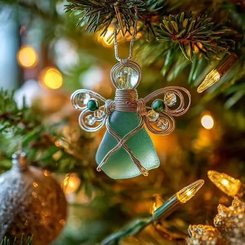 Miniatura 6 de Adorno de ángel de cristal de mar hecho a mano, hecho a mano, decoración de ángel envuelto en alambre plateado, decoración única de árbol de Navidad