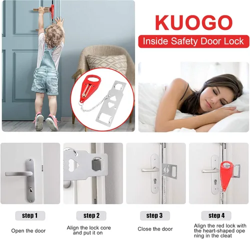 Miniatura 4 de Cerradura de puerta portátil, paquete de 2 cerraduras adicionales sólidas y resistentes para mayor privacidad y seguridad en hoteles, apartamentos