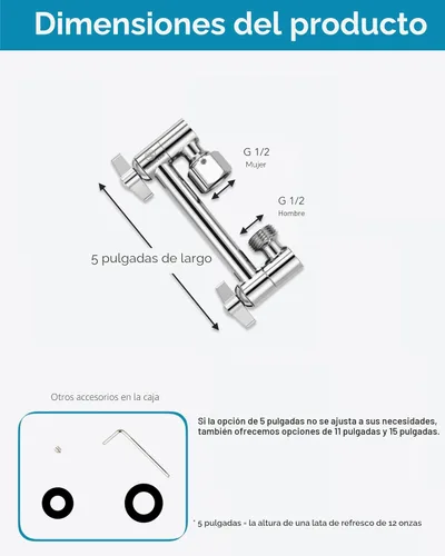 Miniatura 6 de Brazo de extensión para cabezal de ducha ajustable de 5 pulgadas, con tornillo de fijación con seguro, de latón cromado con ángulo ajustable