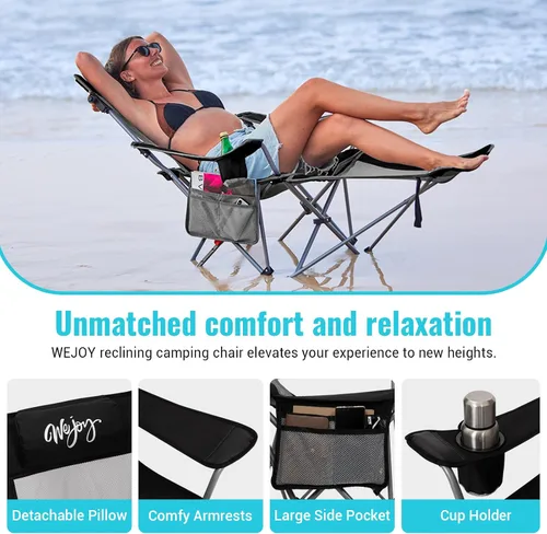 Miniatura 5 de Silla de Camping Reclinable 2-en-1 de #WEJOY con Reposapiés para Adultos Silla Plegable de Salón con Respaldo Ajustable Sillas de Camping Ligeras