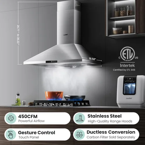 Miniatura 3 de COMFEE' CVP30W7AST Campana Extractora de 30 Pulgadas 450 CFM 3 Velocidades Detección de Gestos y Panel de Control Táctil Acero Inoxidable Montaje