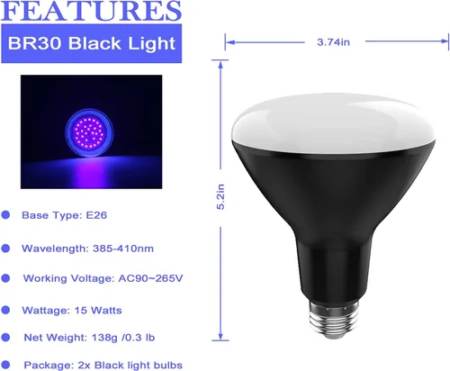 Miniatura 2 de BR30 - Bombilla negra UV de 15 W (equivalente a 100 W), base media E26, UVA 385-410 nm, bombillas de luz negra perfectas para pintura corporal