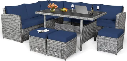 Miniatura 13 de HAPPYGRILL Juego de muebles de mimbre de ratán de 7 piezas, juego de muebles de patio al aire libre con cojines, juego de sofá de ratán con mesa