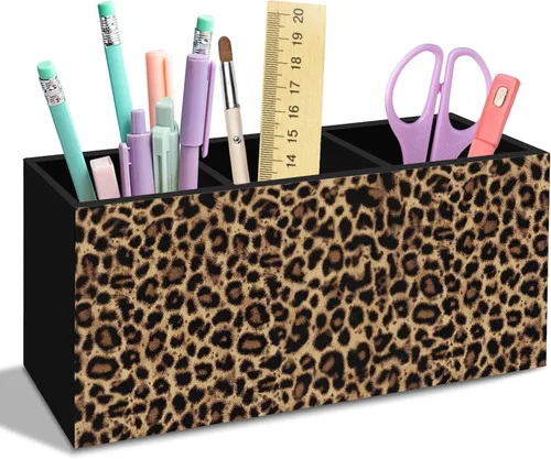 Trendy Retro Leopard Print Pen Pencil Holder for Desk, Funky Cheetah Wooden Box Office Desk Accessories, Leopard Print Pen Holders Organizer for
