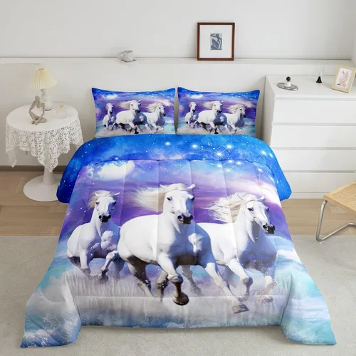 Miniatura 20 de Feelyou Juego de edredón tamaño individual con diseño de caballo y cerezo en flor de galope para niños, adolescentes, edredón occidental, decoración