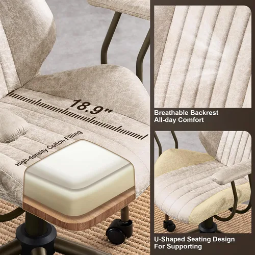 Miniatura 4 de Silla ergonómica de escritorio de oficina en casa, silla giratoria de 360° con reposabrazos extraíbles, silla moderna de mediados de siglo para Beige