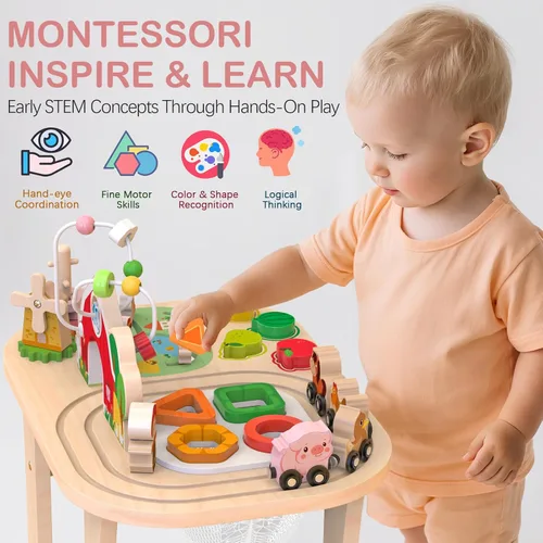 Miniatura 3 de Mesa de actividades de granja de madera para niños de 1, 2, 3 años, juguete de aprendizaje Montessori con laberinto de cuentas, clasificador