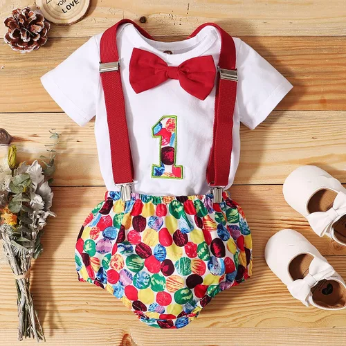 Miniatura 15 de IDOPIP Traje formal para bebé niño para el primer cumpleaños de Cake Smash con corbatín y tirantes y pantalones cortos para sesión de fotos