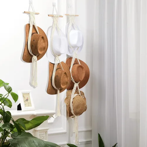 Miniatura 6 de Yulejo 3 piezas de macramé para sombrero, colgador de sombreros bohemio para pared, organizador de vaquera, estante de exhibición de tejido a mano