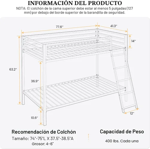 Miniatura 2 de SHA CERLIN Cama Litera Loft Tamaño Individual sobre Individual con Escalera y Barandilla, Soporte de Listones de Metal Resistente Sin Necesidad