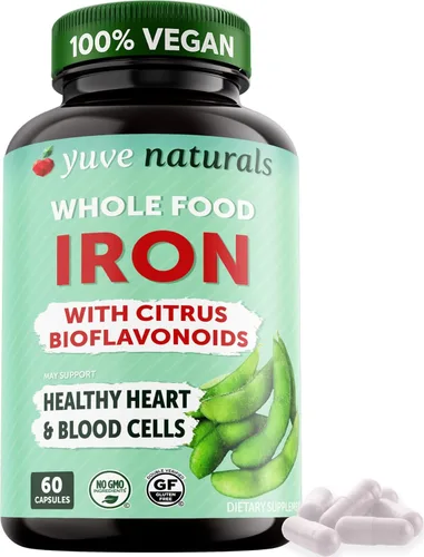 Yuve Suplemento de hierro quelado 100% vegano de alimentos integrales de 18 mg, insípido, sin estreñimiento, suave para el estómago, apoyo