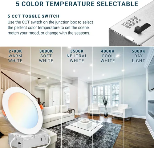 Miniatura 3 de PARMIDA - Paquete de 12 luces LED empotrables de 6 pulgadas regulables 5CCT ultrafina con caja de conexiones, 5 colores seleccionables