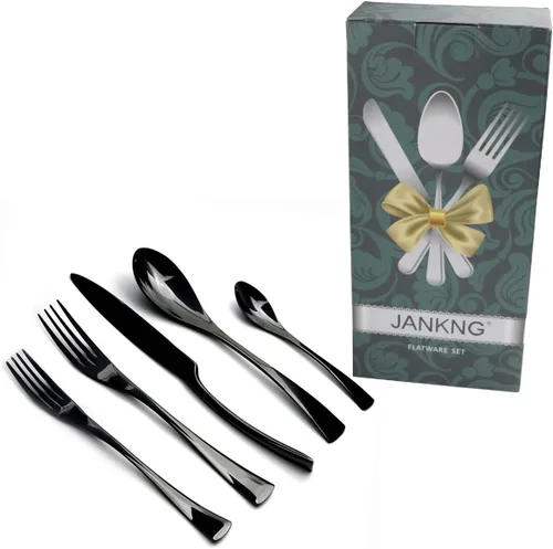 Miniatura 9 de Juego de cubiertos de acero inoxidable 18/10, cubiertos negros de lujo, servicio de cena, tenedor de postre, cuchara de té, cuchillo, para el hogar