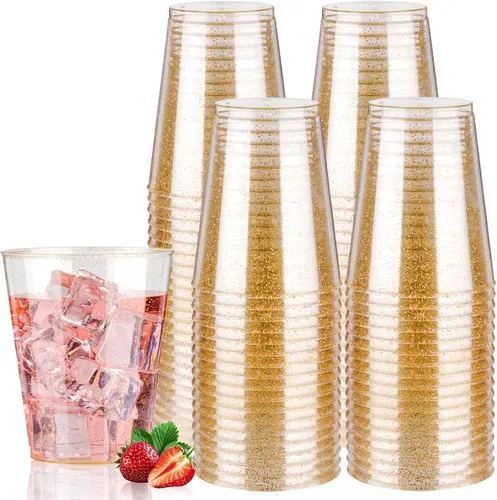 Miniatura 16 de Goodluck 100 vasos de plástico con purpurina dorada de 9 onzas, vasos desechables con purpurina, elegantes vasos de cóctel de plástico, vasos