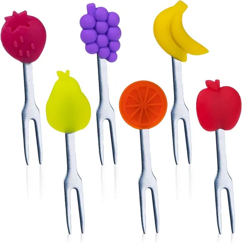 Miniatura 13 de Cucharas y tenedores pequeños de acero inoxidable y silicona, juego de 6 piezas, formas de frutas para frutas, queso, aperitivos Fruitilicious