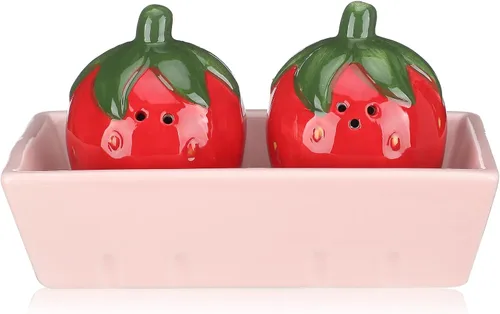 Juego de 3 saleros y pimenteros de fresa, bonitos saleros y pimenteros con bandeja rosa, divertidos recipientes de cerámica para almacenamiento de