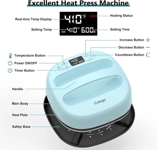 Miniatura 3 de Calogy Máquina de prensa de calor para camisetas de 10 x 10 pulgadas, prensa de calor portátil rápida hasta 410 °F (210 ºC), control preciso de Azul