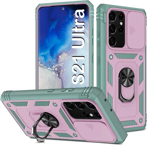 Miniatura 65 de PASNEW Funda para Samsung Galaxy S22 Ultra 5G, cubierta de cámara deslizante y soporte de dedo de metal giratorio de 360°, militar, resistente, a