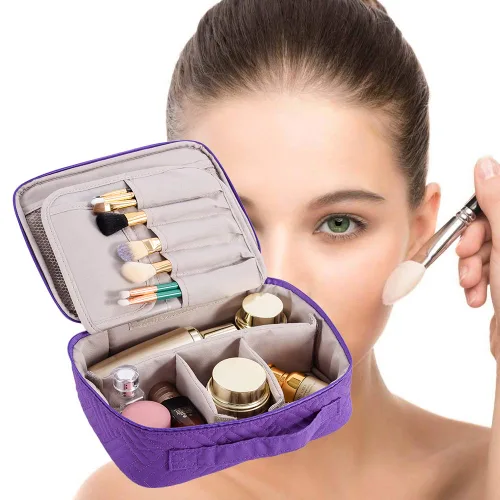 Miniatura 7 de WEIBIN Bolsa de maquillaje de viaje, bolsa de aseo personal, organizador de cosméticos con divisores ajustables y soporte para brochas para bolso