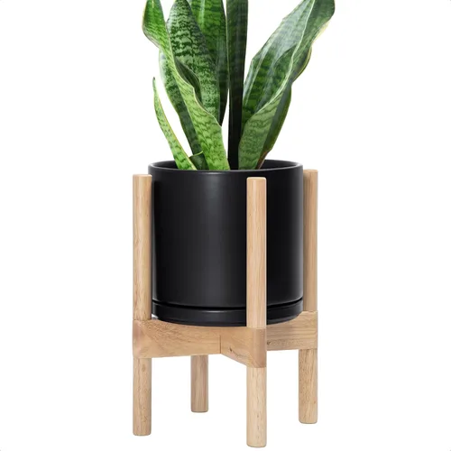 Miniatura 35 de D'vine Dev Maceta de cerámica con soporte de ébano – Maceta redonda moderna de 8 pulgadas con soporte para maceta de madera, color negro, 55-B-M-2