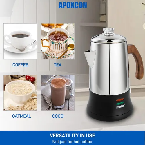 Miniatura 9 de APOXCON Percolador de Café Eléctrico Cafetera de Acero Inoxidable con Perilla de Vidrio Resistente Transparente para Ver el Progreso