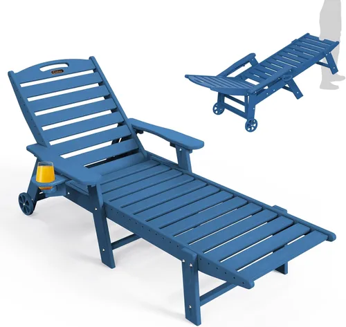 Miniatura 34 de Ciokea Silla de Descanso para Exteriores, Tumbona de Gran Tamaño con 5 Posiciones, HDPE, Silla de Descanso de Patio con Ruedas y Portavasos para Gris