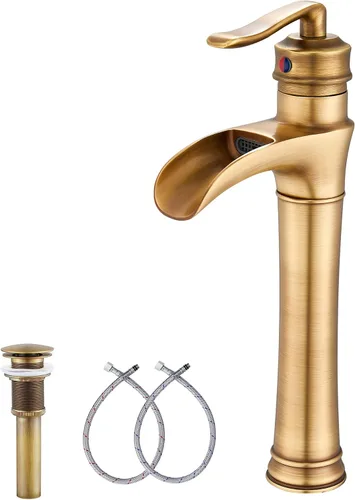 Grifo de baño de cascada de latón antiguo GGStudy con una sola manija de un agujero, grifo de lavabo de baño a juego con drenaje desplegable