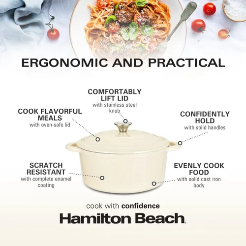 Miniatura 5 de Hamilton Beach Olla holandesa de hierro fundido esmaltado de 5.5 cuartos de galón con tapa, color crema
