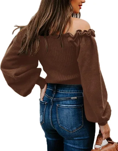 Miniatura 4 de Langwyqu Women's Sweaters Casual Long Lantern Sleeve Square Neck Ruffle Knit Pullovers Tops
