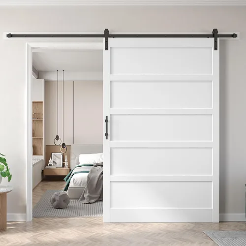 Miniatura 24 de Fredbeck Puerta de granero blanca de 30 x 84 pulgadas con kit de herrajes para puerta corredera de 5.5 pies incluido y asa, sólida, MDF, superficie
