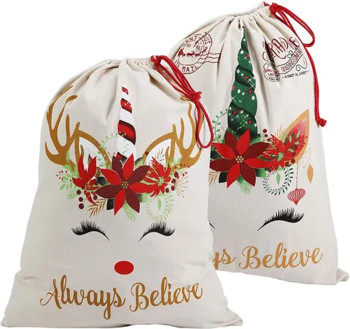 Miniatura 9 de XinblueCo Santa Sack - Paquete de 2 bolsas de lona de Navidad a rayas con cordón, bolsa de regalo personalizada de Navidad, tamaño extra grande