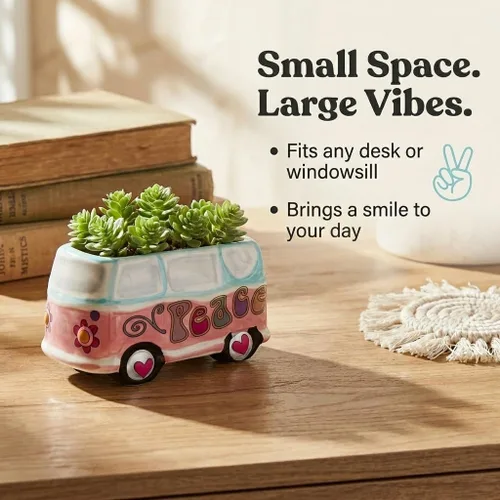 Miniatura 2 de The Bridge Collection Hippy Bus Maceta - Retro Peace Van Soporte de cerámica pintado a mano para suculentas y hierbas, mini maceta boho