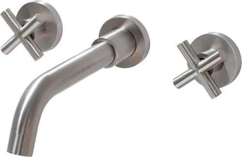 SITGES Grifo de baño de níquel cepillado, doble manija para montaje en pared, grifo de fregadero de baño y válvula áspera incluida (níquel cepillado)
