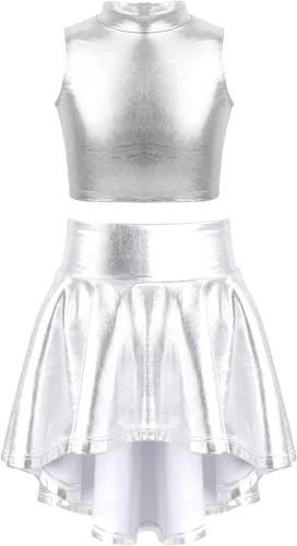 FEESHOW Camiseta sin mangas metálica con lentejuelas para niñas y niños, con falda plisada, vestido de ballet para baile de jazz, hip hop, disfraces