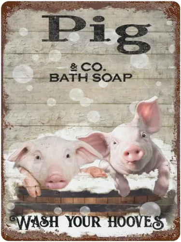 Plato colgante de hierro vintage divertido cerdo para baño, letrero de metal para decoración de pared de cerdo, inodoro cerdo, decoración retro de