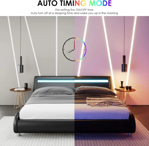 Miniatura 6 de Keyluv Marco de cama LED tapizado tamaño completo con cabecero, moderna plataforma de perfil bajo con fuerte soporte de listones, marco de cama