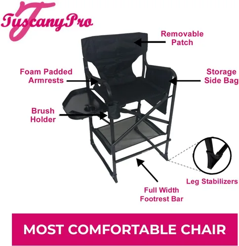 Miniatura 4 de Silla de directores alta profesional portátil con bandeja lateral, nombre personalizado/logotipo impreso, altura del asiento de 29 pulgadas
