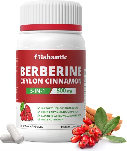 Berberina HCL de 500 mg con canela de Ceilán, soporte metabólico 5 en 1 con BioPerine®, ALA y cromo, apoyo energético y bienestar, 60 cápsulas