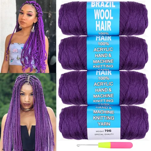 Miniatura 24 de COOKOO 2 rollos de hilo de lana brasileña color negro natural para cabello trenzado de ganchillo, trenzas, torsión, urdimbres, torsión senegalesa